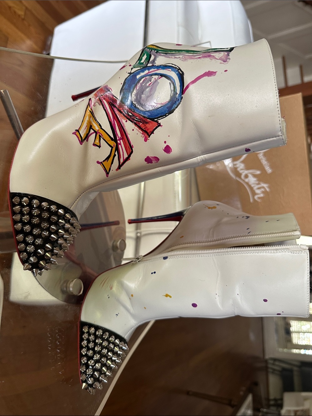 Christian Louboutin White Leather Hand-Painted Spike-Toe Ankle LOVE Boots - Picture 8 of 16
